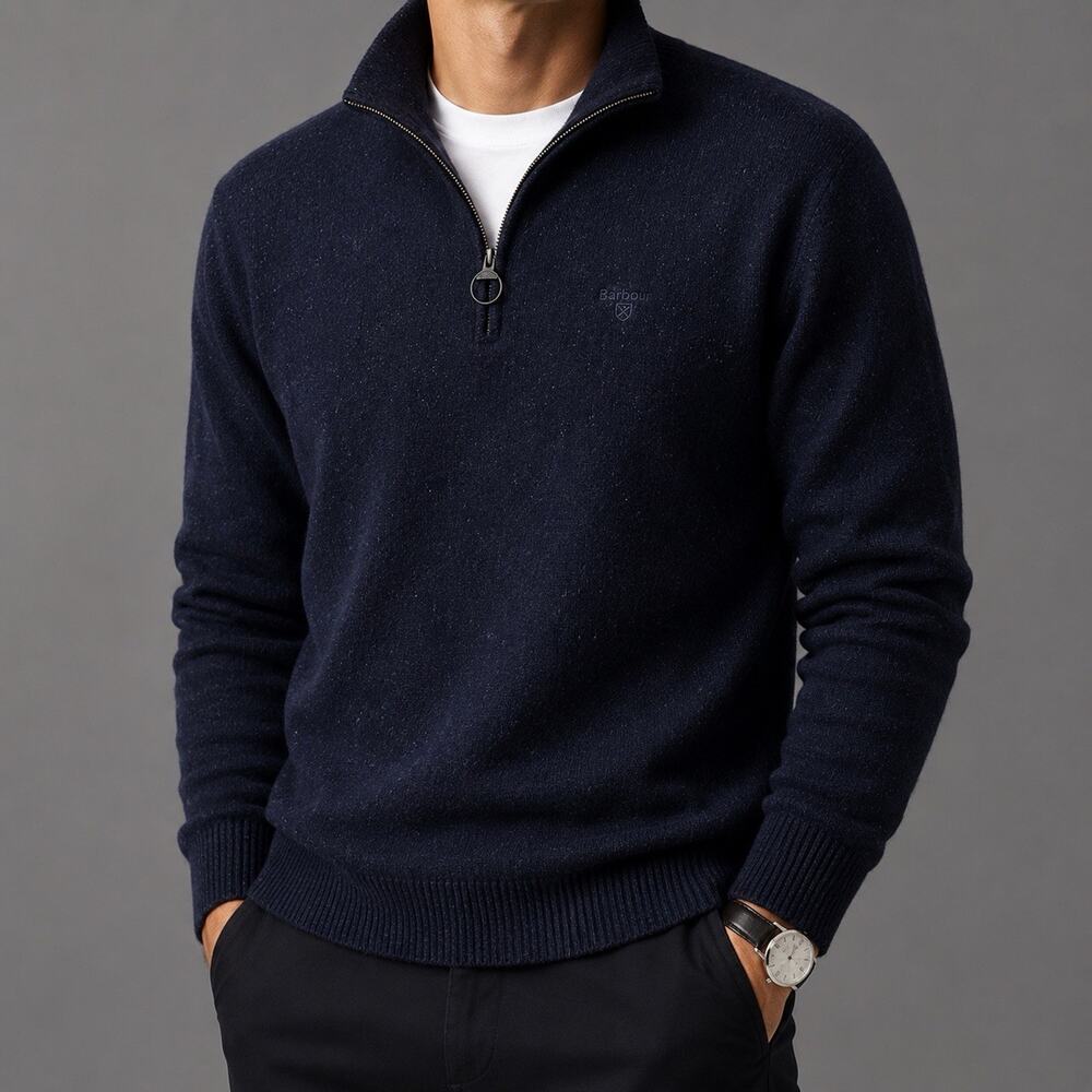 Barbour Tisbury 1/4 Zip Wool Silk Blend Sweater Mens Blue Ribbed Preppy M